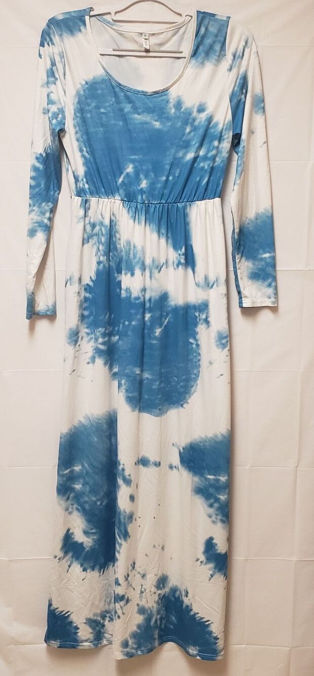 Women’s URS Blue White Tie-Dye Maxi Dress Long Sleeve Empire Waist Size M NWOT